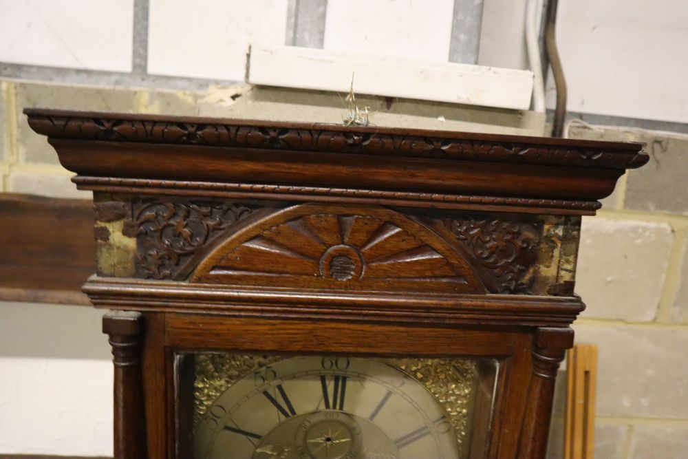 A George III oak eight day longcase clock, brass and silvered dial marked Mercer Hythe, height 218cm